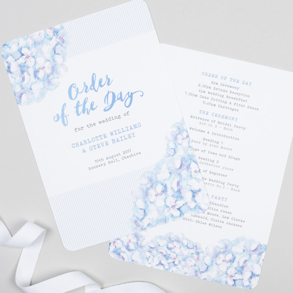Hydrangea Blue Order Of The Day Program Cards - Project Pretty
