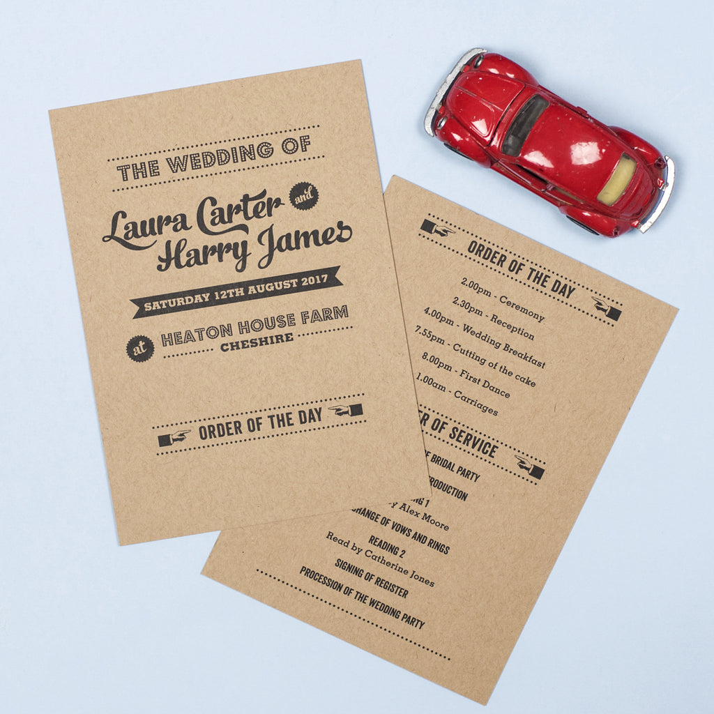Retro Vintage Kraft Wedding Order Of The Day Program Cards - Project Pretty